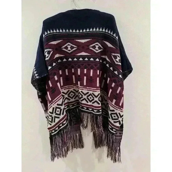 Love Tree Aztec Native Geometric Print Open Cardigan Burgundy Fringe One Size - Picture 3 of 6